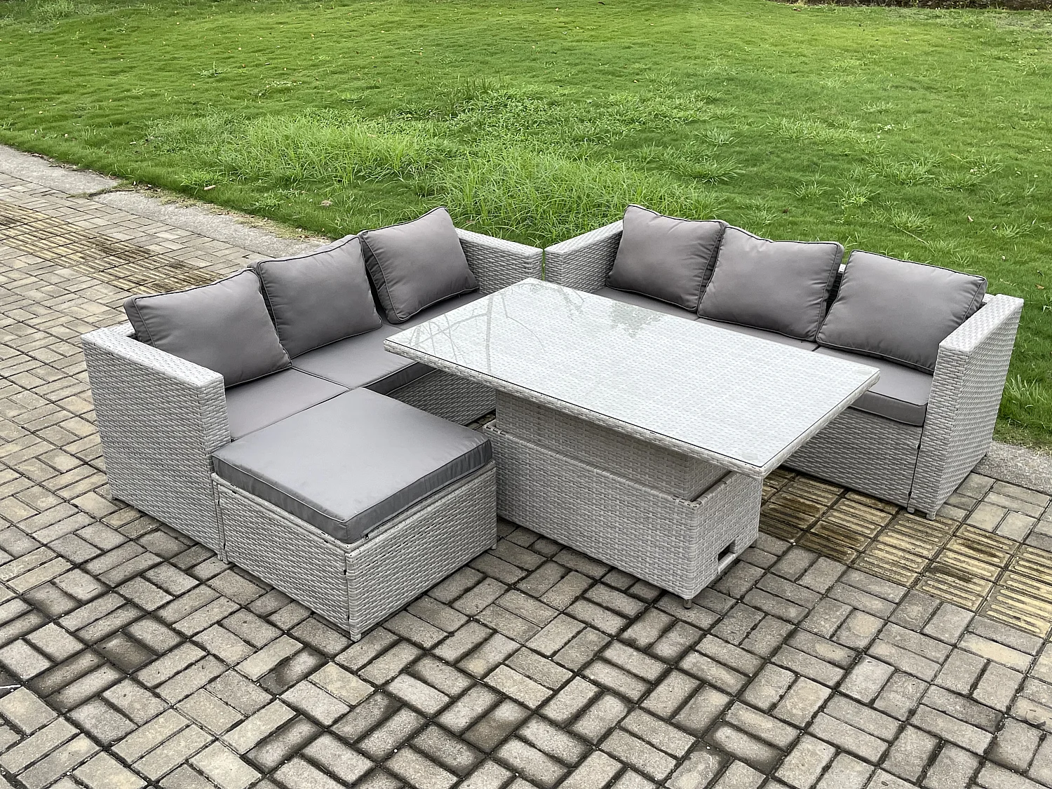 Polyrattan Gartenmöbel Set mit 2 Sofa, Höhe verstellbar Esstisch und Hocker Outdoor Terrassen Essgruppe Helles Grau