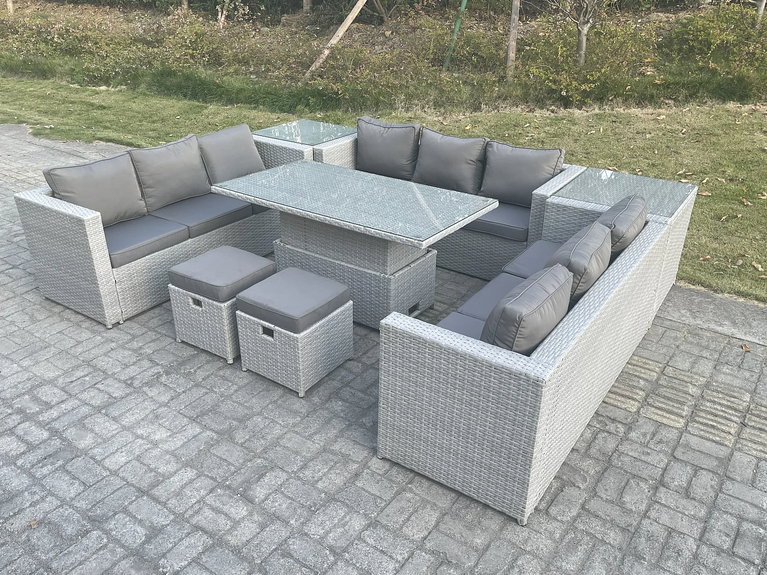 Fimous U Shape Lounge Rattan Garden Furniture Set Adjustable Rising Lifting Table Dining Set With 2 PC Side Coffee Tea Table Stool