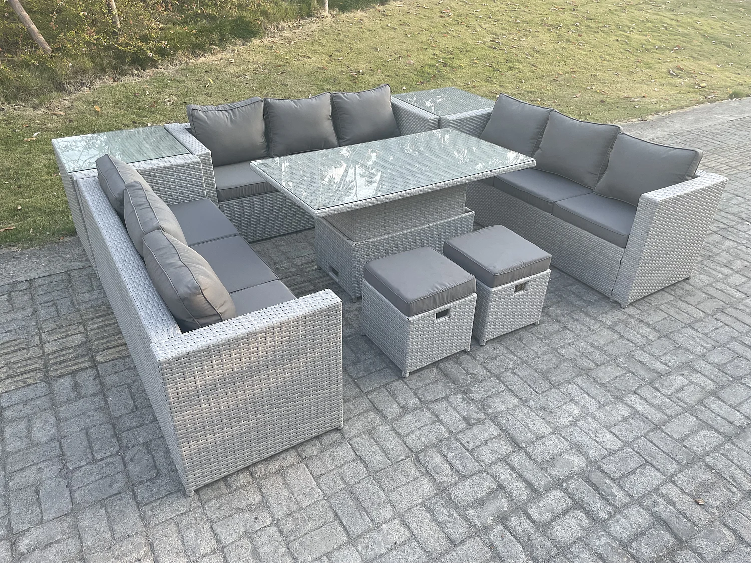 Fimous U Shape Lounge Rattan Garden Furniture Set Adjustable Rising Lifting Table Dining Set With 2 PC Side Coffee Tea Table Stool