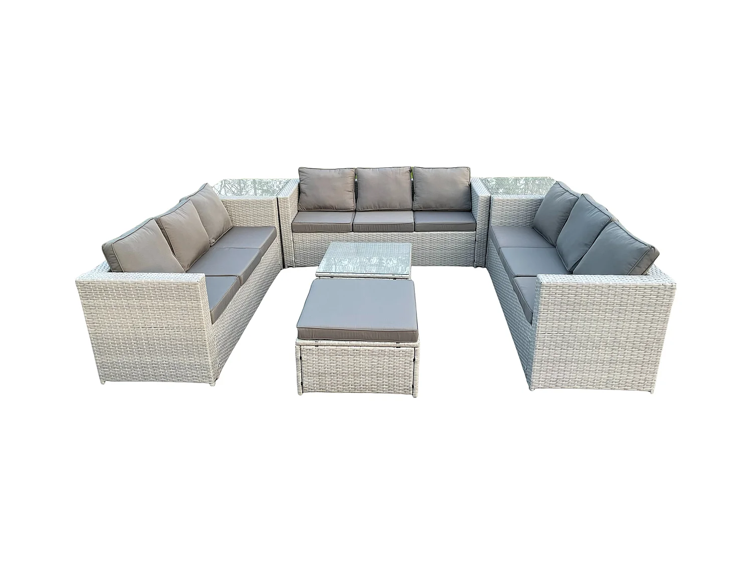 Polyrattan Gartenmöbel im Freien mit Sofa Quadrat Couchtisch Hocker 2 Beistelltisch Helles Grau