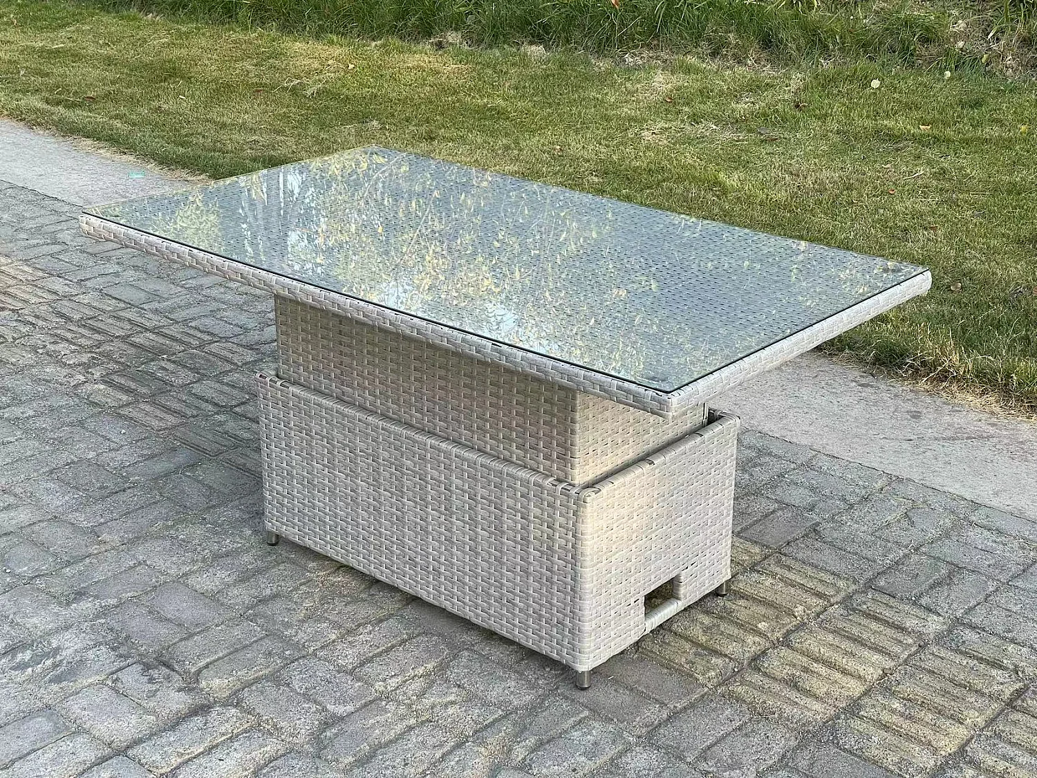 Salon de Jardin Exterieur Table à manger réglable en hauteur ave canapé Fauteuil Table d'appoint Grand Tabourets Gris Clair