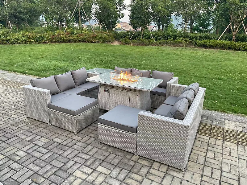 11-Sitzer Polyrattan Gartenmöbel Set mit 2 Sofa, Gas Feuertisch und Sessel ,2 Großer Hocker, Beistelltisch Outdoor Terrassen Essgruppe Helles Grau
