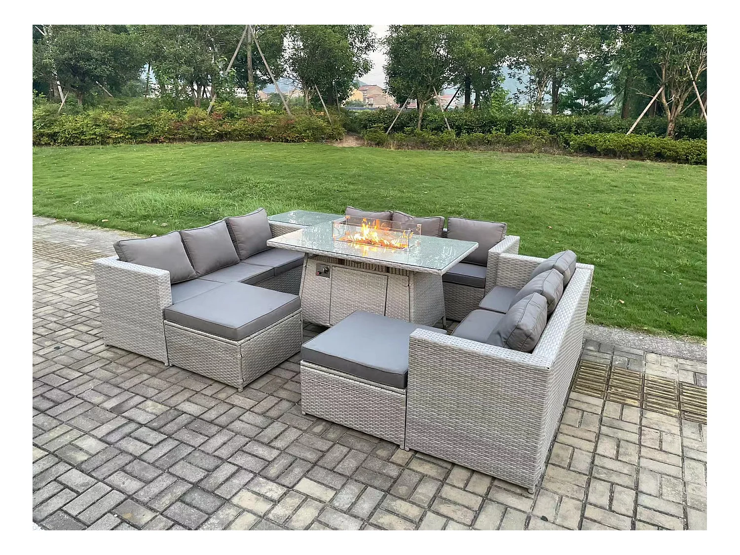 11-Sitzer Polyrattan Gartenmöbel Set mit 2 Sofa, Gas Feuertisch und Sessel ,2 Großer Hocker, Beistelltisch Outdoor Terrassen Essgruppe Helles Grau