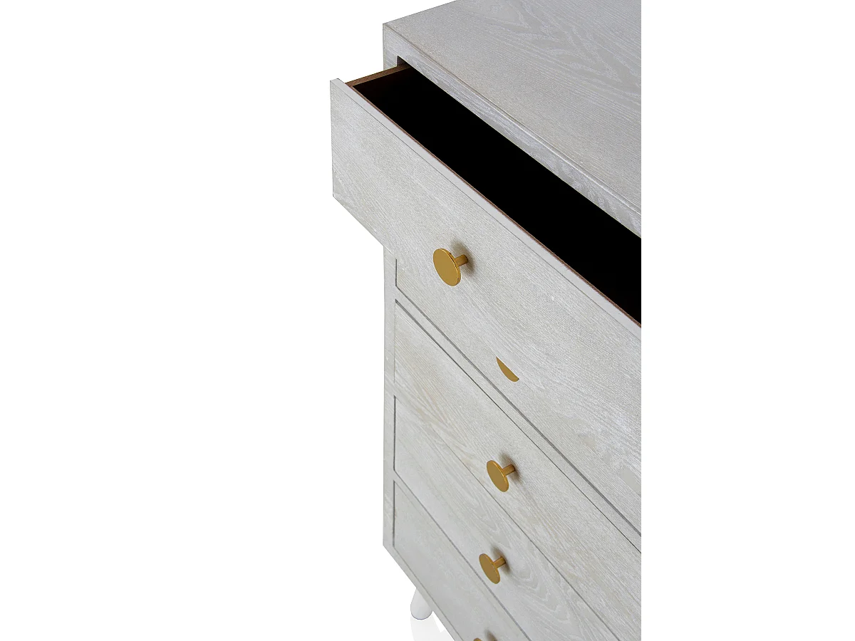 Cómoda de 5 gavetas em folheado de madeira de freixo patinado branco