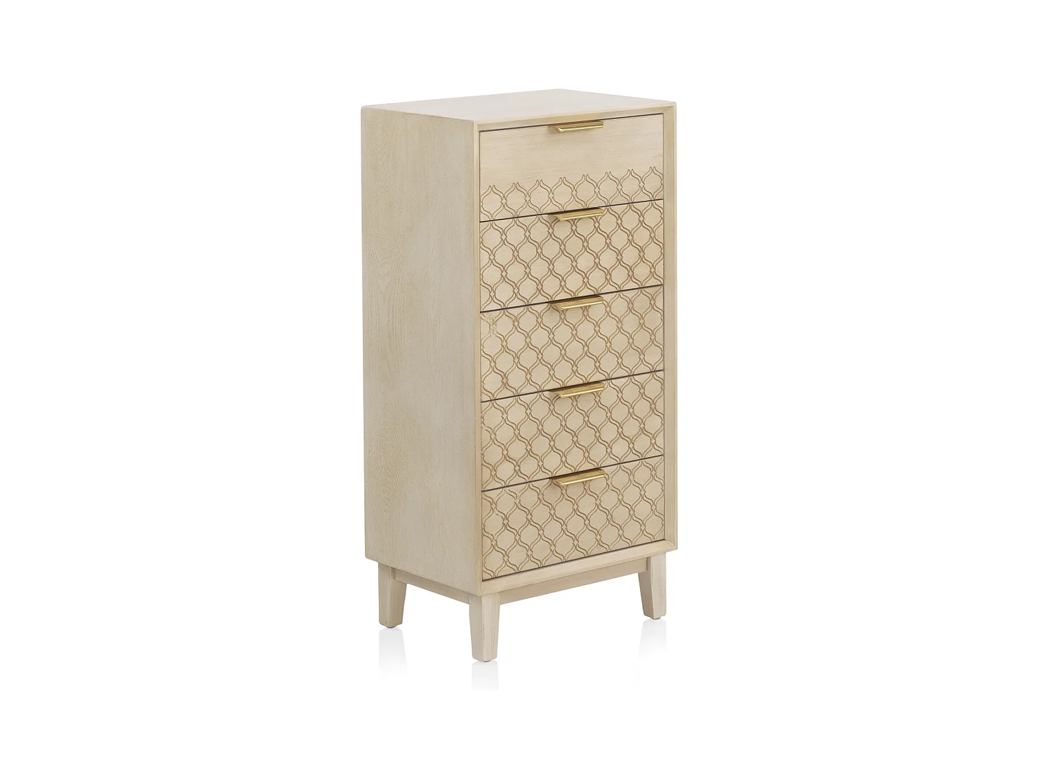 Commode 5 tiroirs en placage chêne et coloris beige