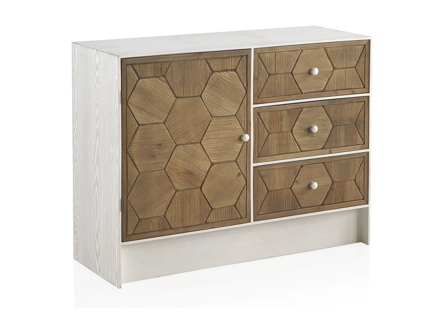 Commode 1 porte et 3 tiroirs en frêne blanc patiné