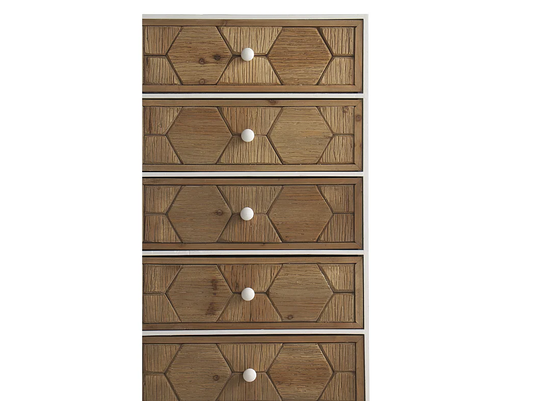 Cómoda com 5 gavetas em freixo branco com acabamento patinado