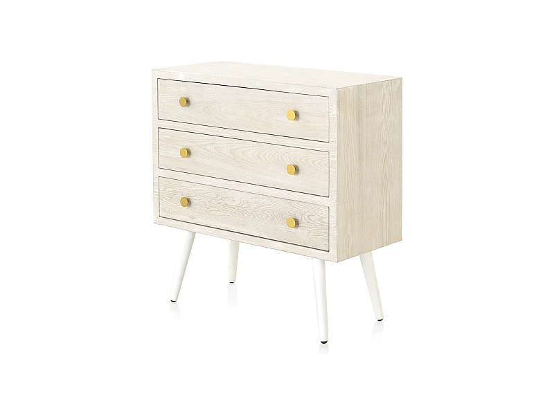 Kommode mit 3 Schubladen aus weißem Eschenholzfurnier, weiß patiniert