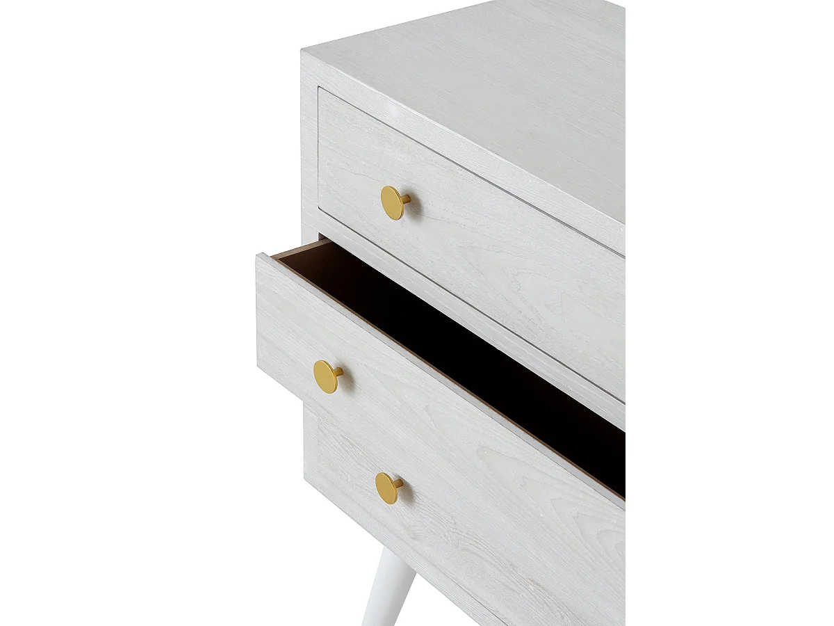 Kommode mit 3 Schubladen aus weißem Eschenholzfurnier, weiß patiniert