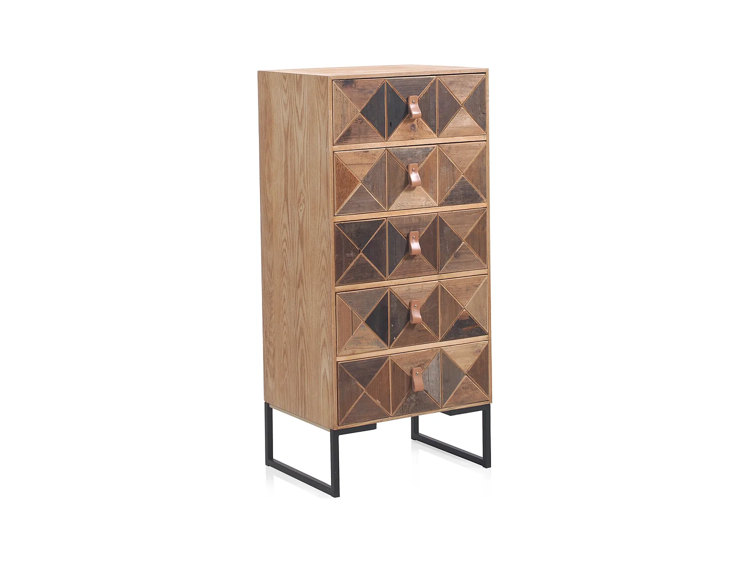 Chiffonnier en frêne recyclé 5 tiroirs et socle métallique