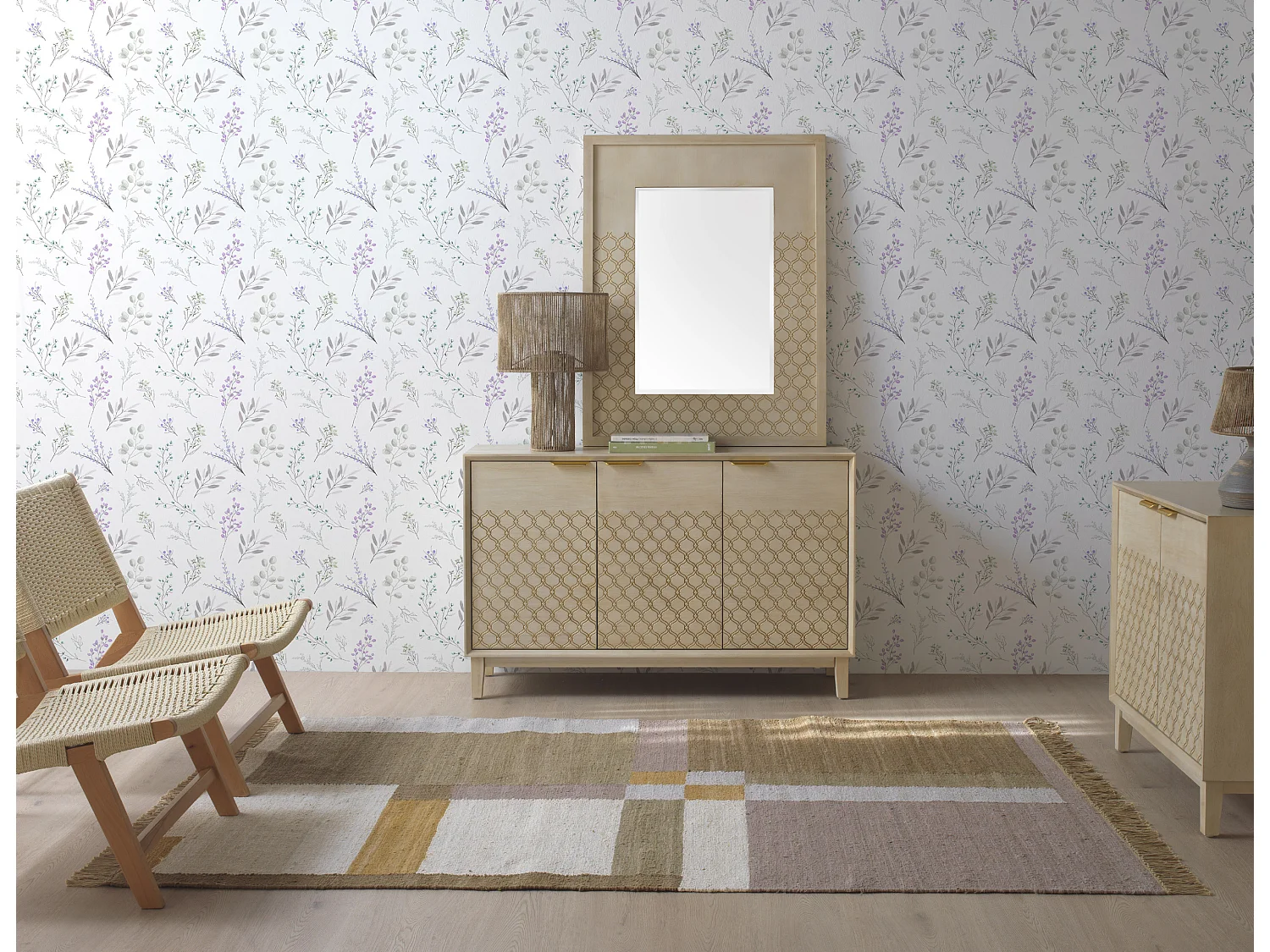 Spiegel furniert in Eichenholz und Farbe beige