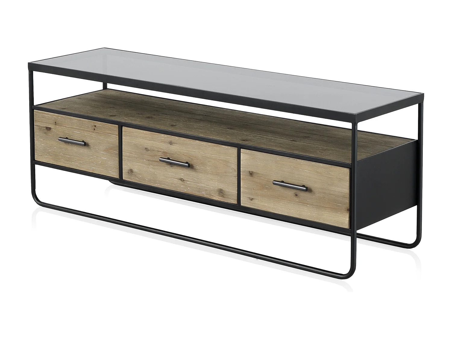 Meuble TV en sapin et fer avec plateau en verre fumé