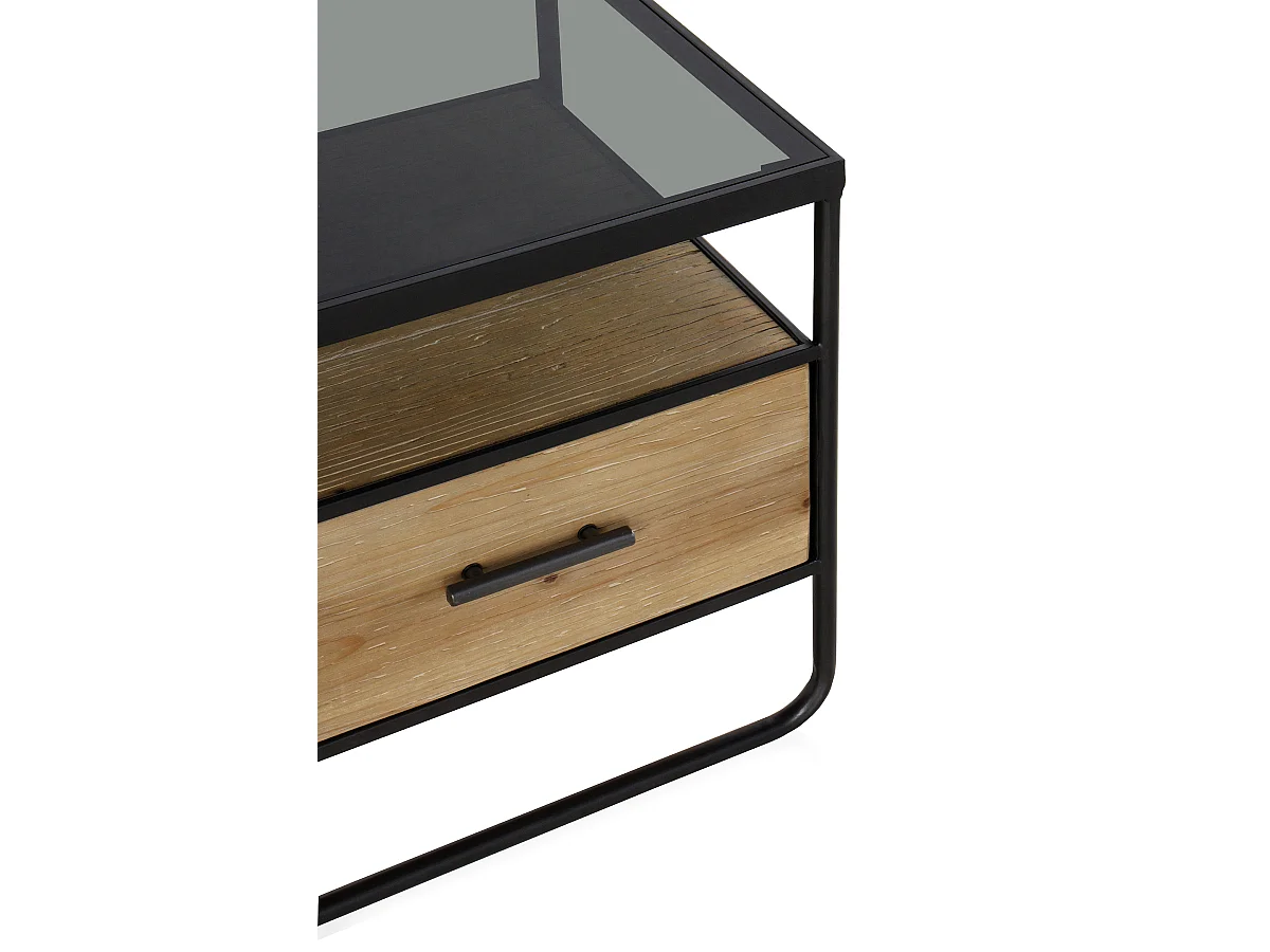 Meuble TV en sapin et fer avec plateau en verre fumé