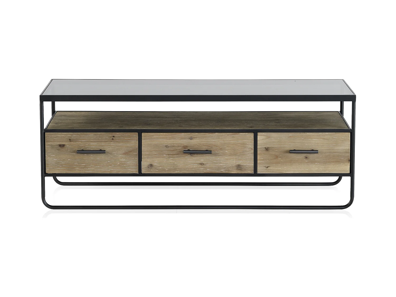 Mueble TV madera de abeto y hierro con encimera de cristal fumé