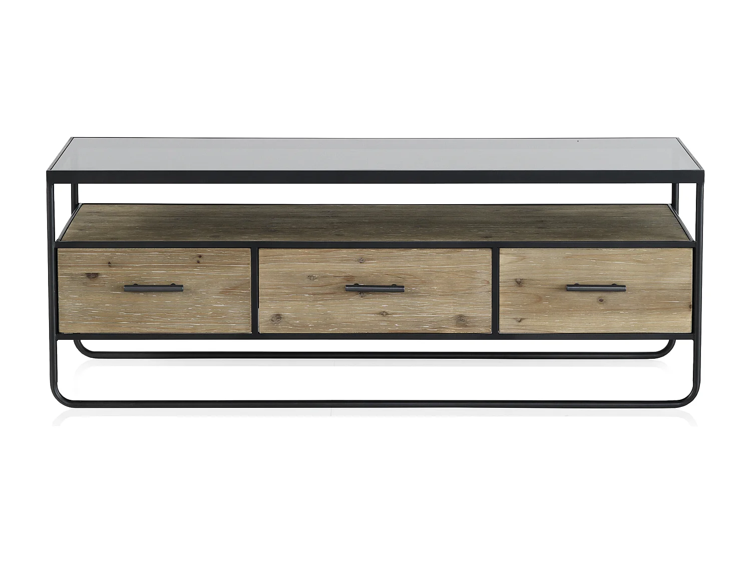 Mueble TV madera de abeto y hierro con encimera de cristal fumé