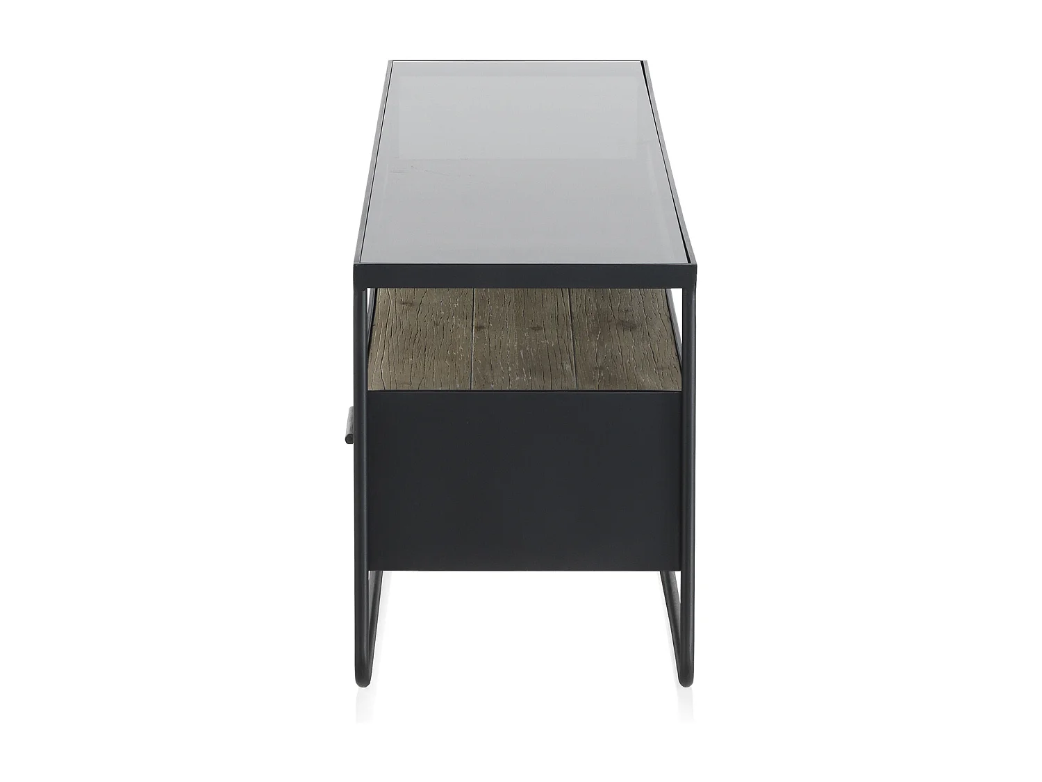 Mueble TV madera de abeto y hierro con encimera de cristal fumé