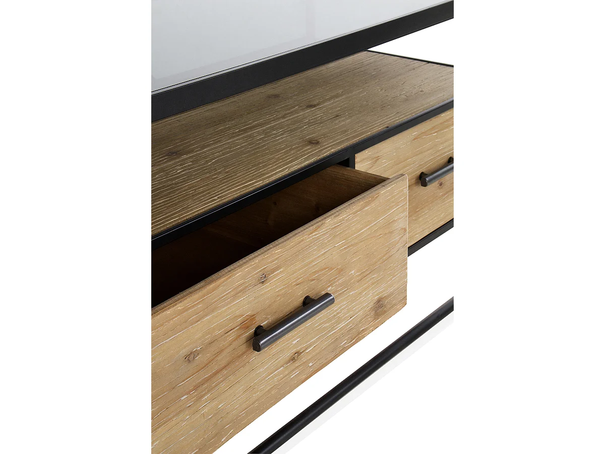 Mueble TV madera de abeto y hierro con encimera de cristal fumé