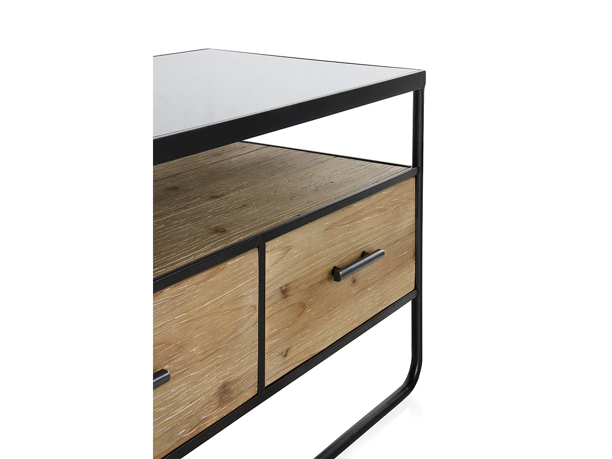 Mueble TV madera de abeto y hierro con encimera de cristal fumé