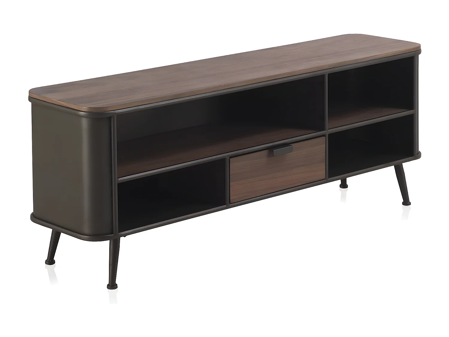 Fernsehschrank aus Metall mit Fichtenholzplatte und Schublade