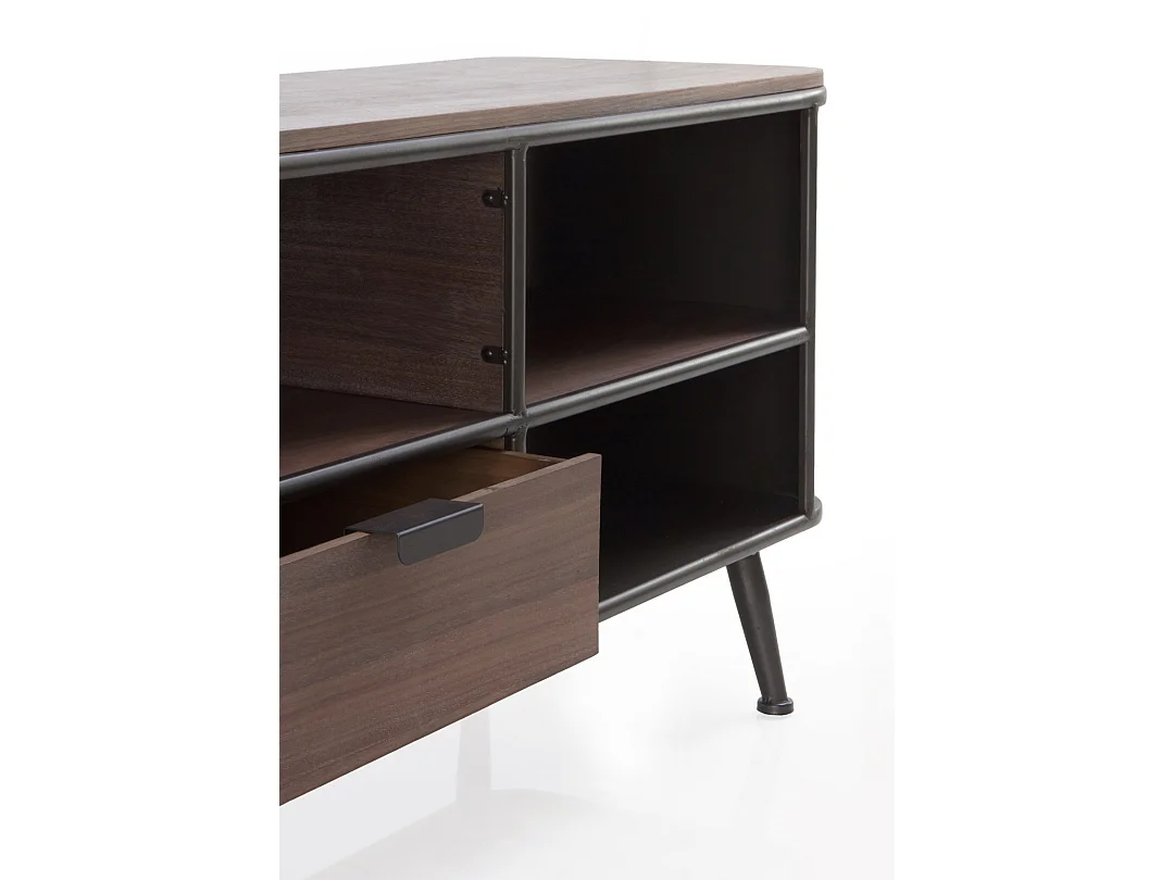 Fernsehschrank aus Metall mit Fichtenholzplatte und Schublade