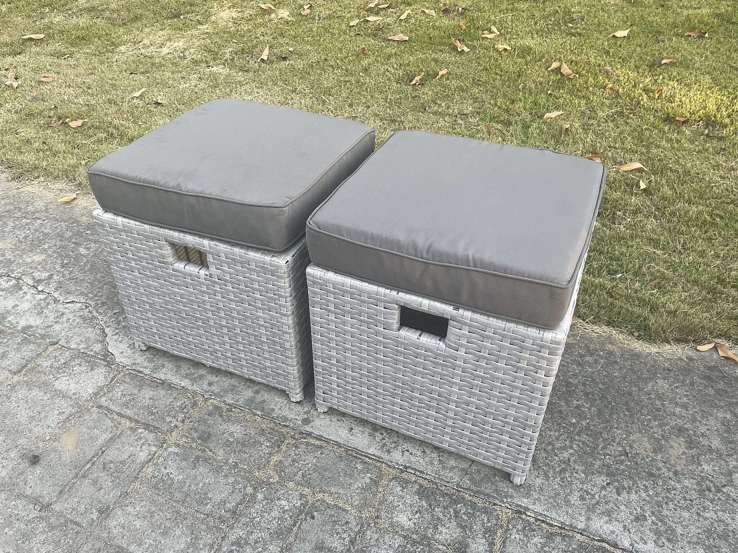 Fimous 2 Pcs PE Rattan Fully Assembled Small Footstool Outdoor Garden Furniture Patio Furniture Light Grey Mixed