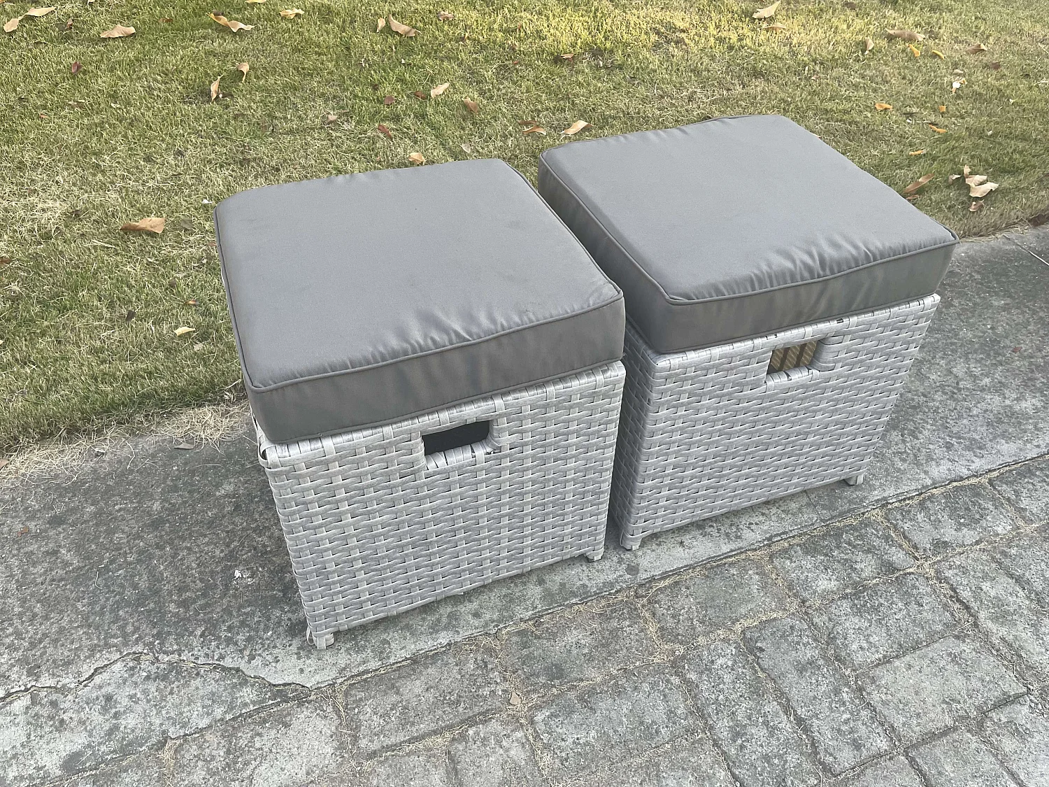 Fimous 2 Pcs PE Rattan Fully Assembled Small Footstool Outdoor Garden Furniture Patio Furniture Light Grey Mixed