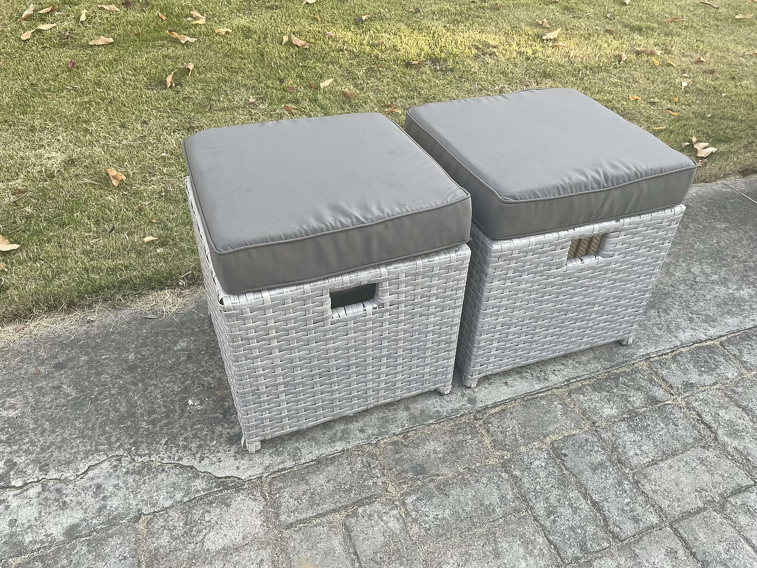 Fimous 2 Pcs PE Rattan Fully Assembled Small Footstool Outdoor Garden Furniture Patio Furniture Light Grey Mixed
