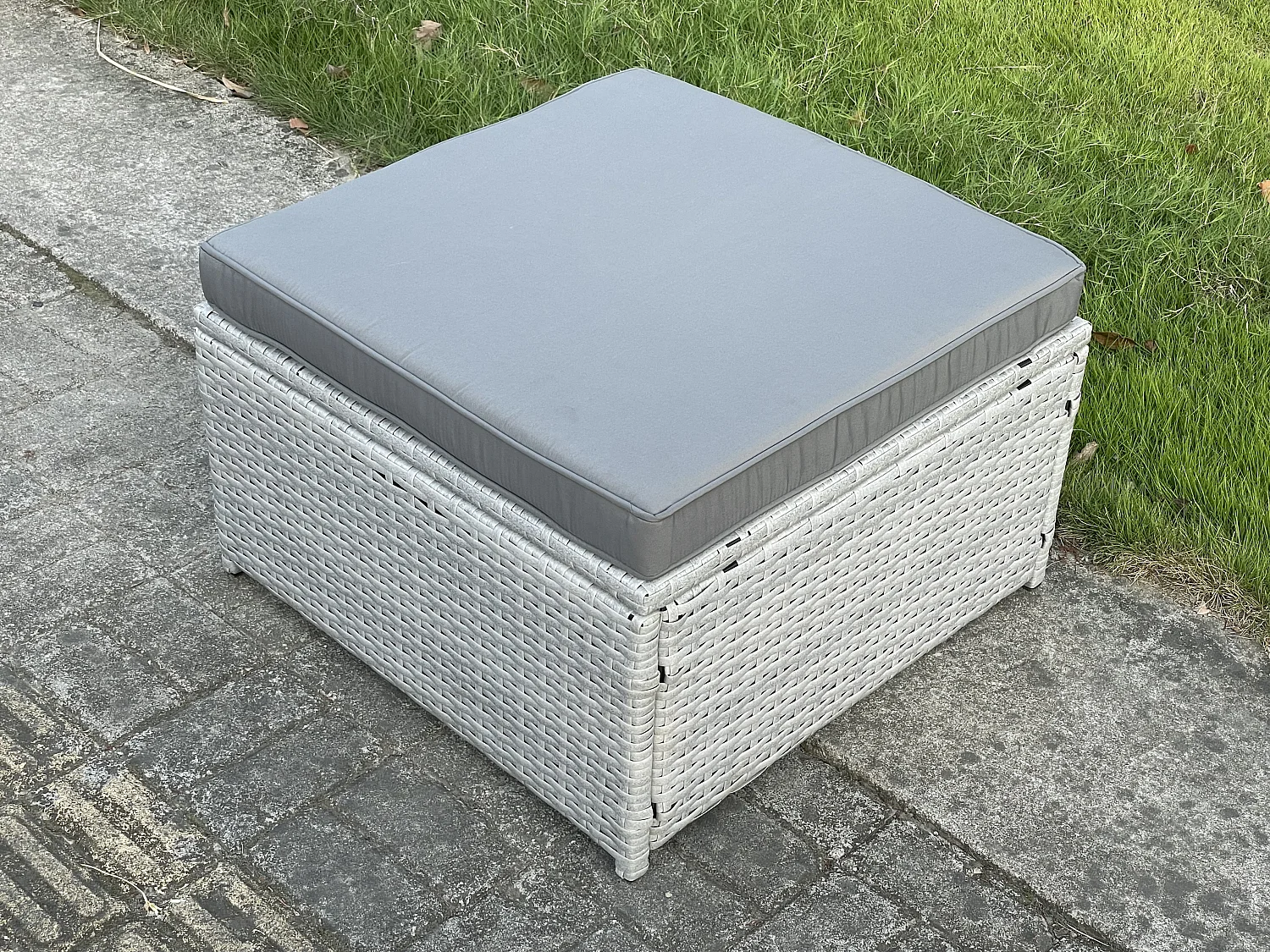 Fimous Light Grey Rattan Footstool Patio Outdoor Garden Furniture Accessory With Thick Dark Grey Cushion