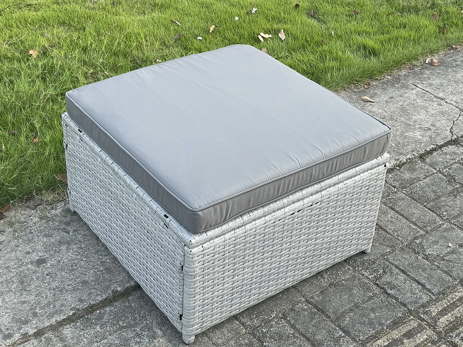 Fimous Light Grey Rattan Footstool Patio Outdoor Garden Furniture Accessory With Thick Dark Grey Cushion