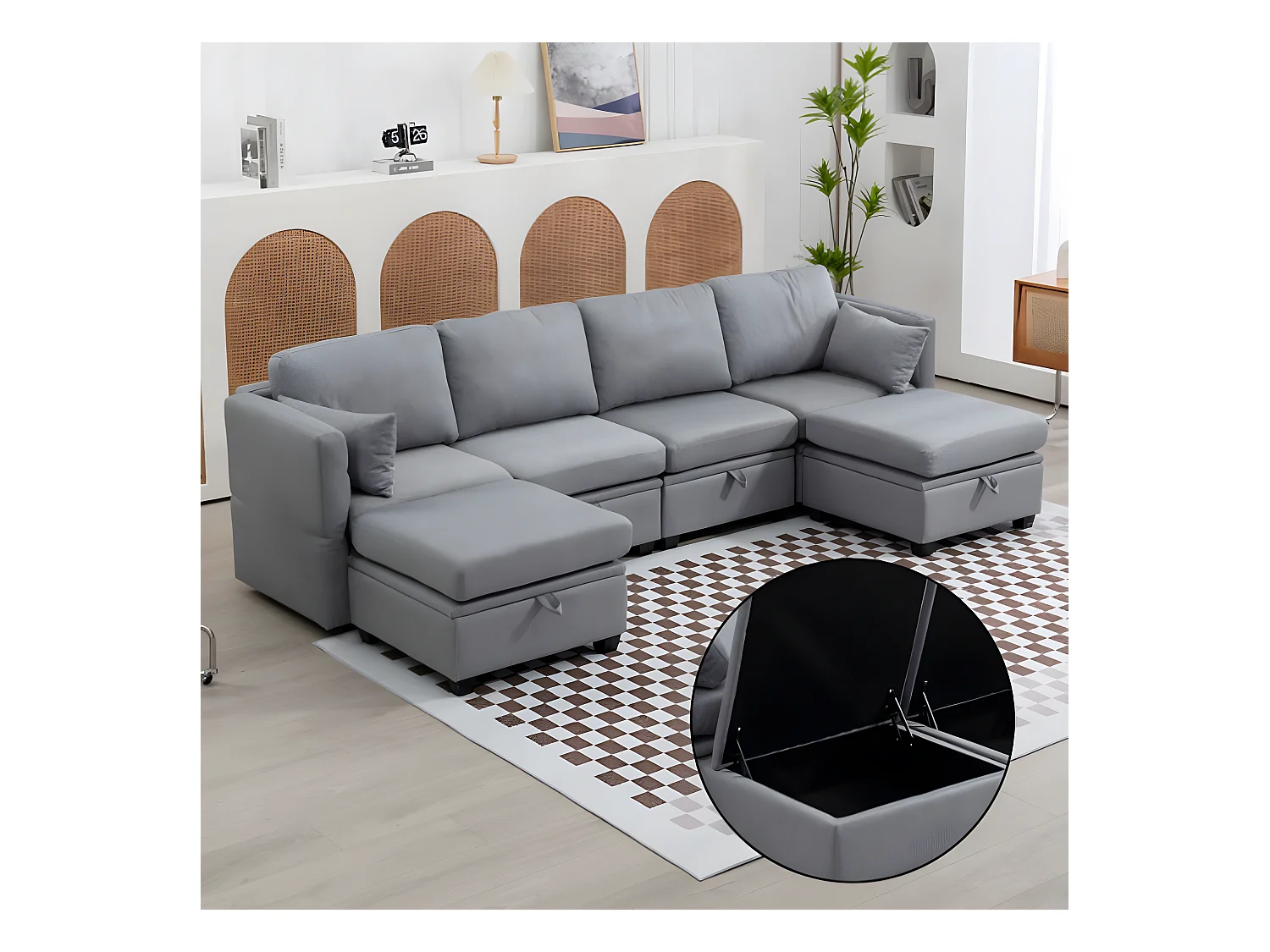 Canapé en forme de U avec rangement, tissu en lin pliable, canapé-lit décontracté