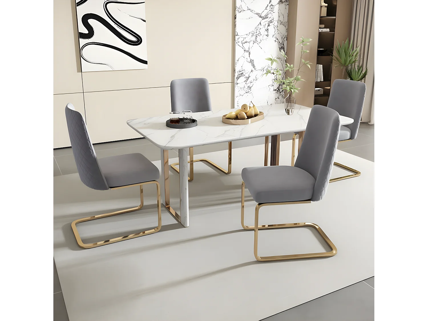 Chaise en velours avec dossier en forme de diamant et pieds en métal doré - Gris