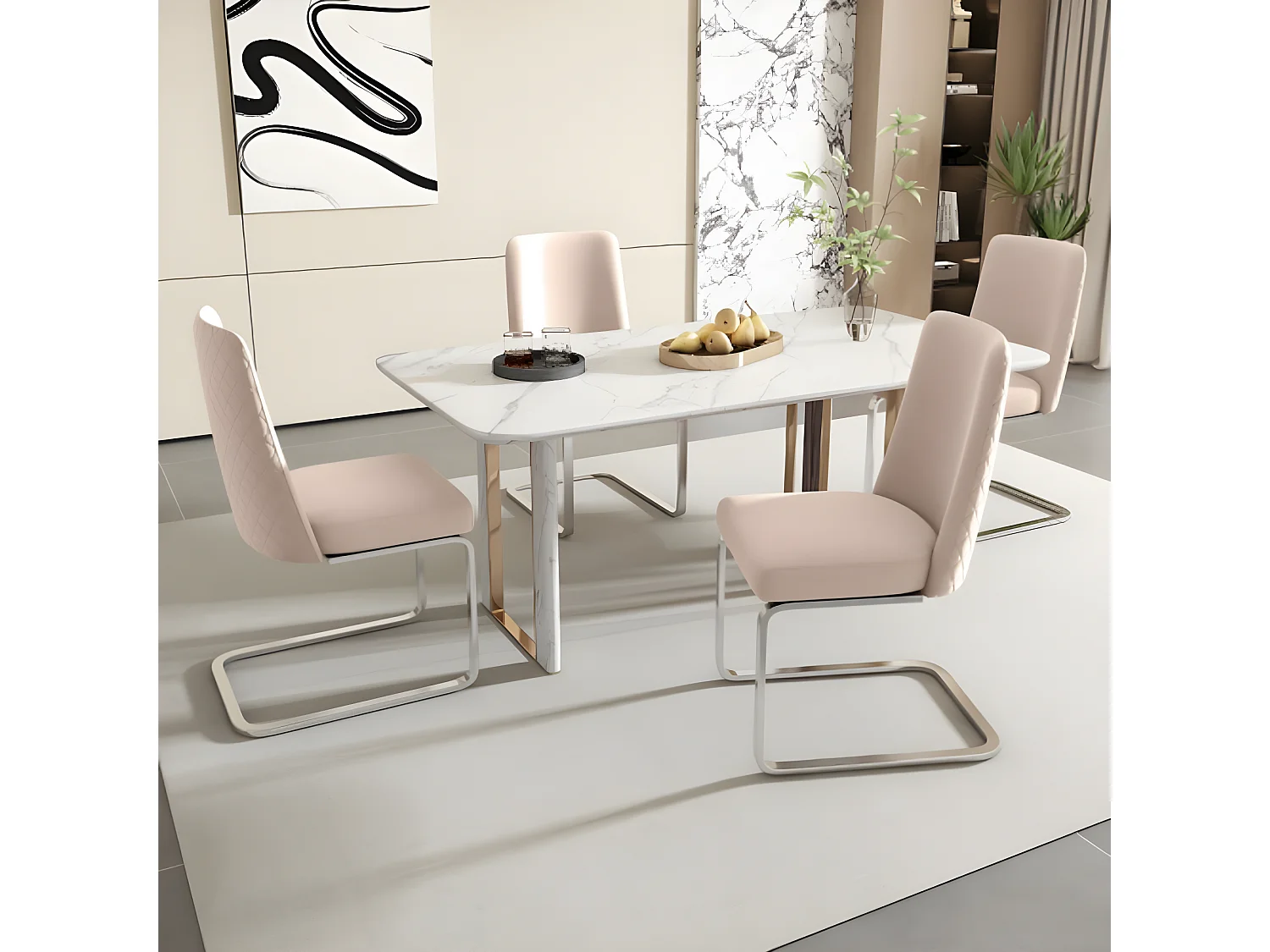 Chaise en velours avec dossier en forme de losange, lot de 4, beige