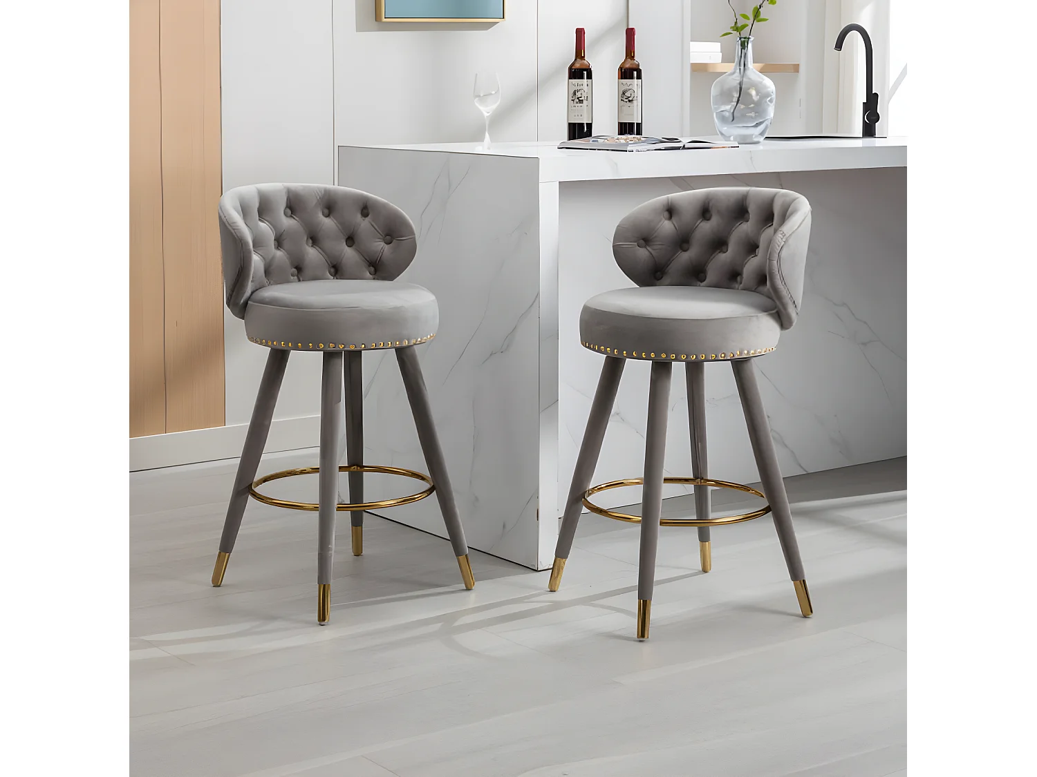 Ensemble de 2 Tabourets de Bar Contre Hauteur avec Pieds en Bois Rembourrés