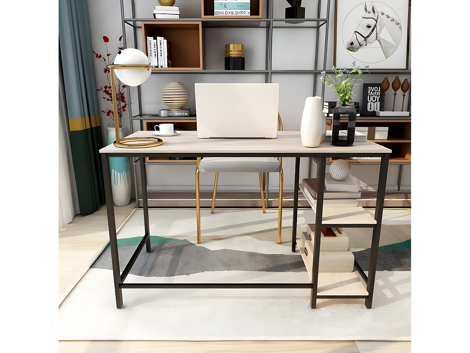 Bureau d'ordinateur industriel avec étagère à livres,  salon - 120x60x75 cm