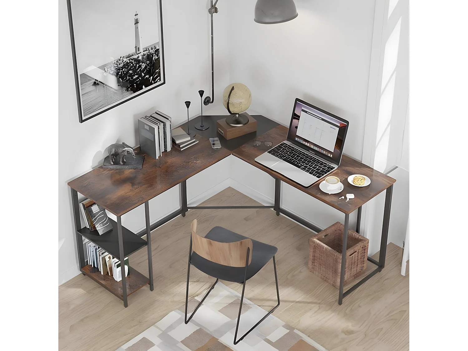 Bureau avec rangement, parfait pour le travail à domicile (Noir + Marron rustique)