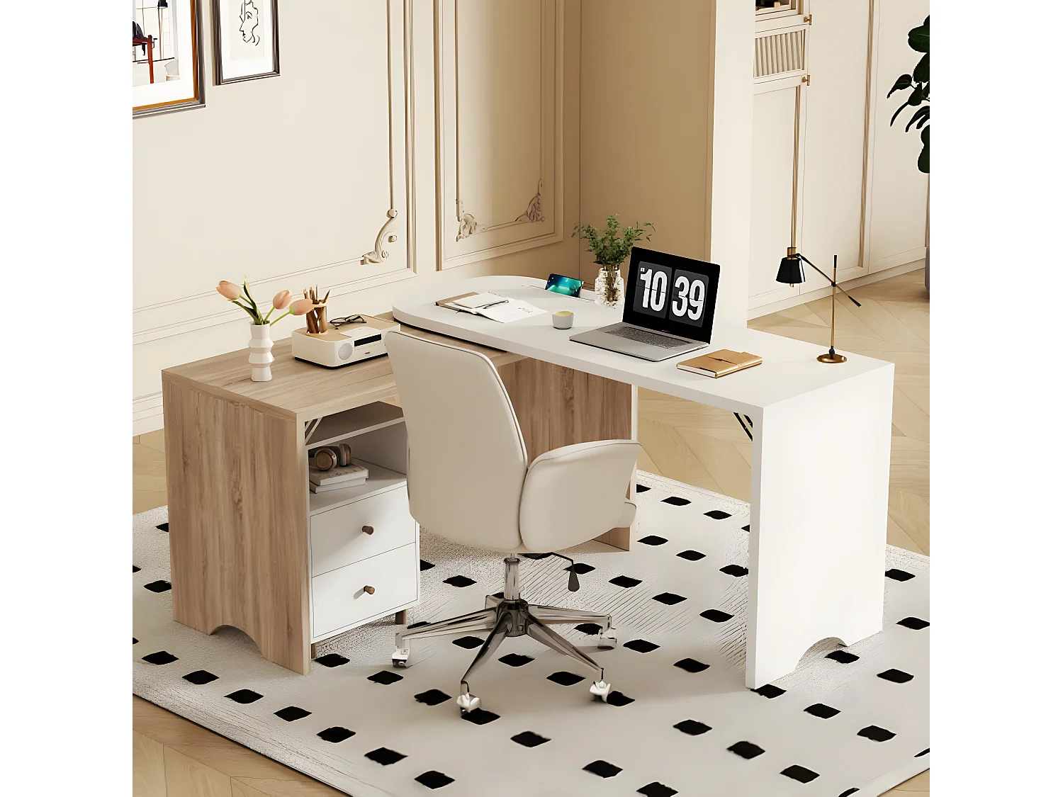 L-vormig houten en wit bureau van 135 cm