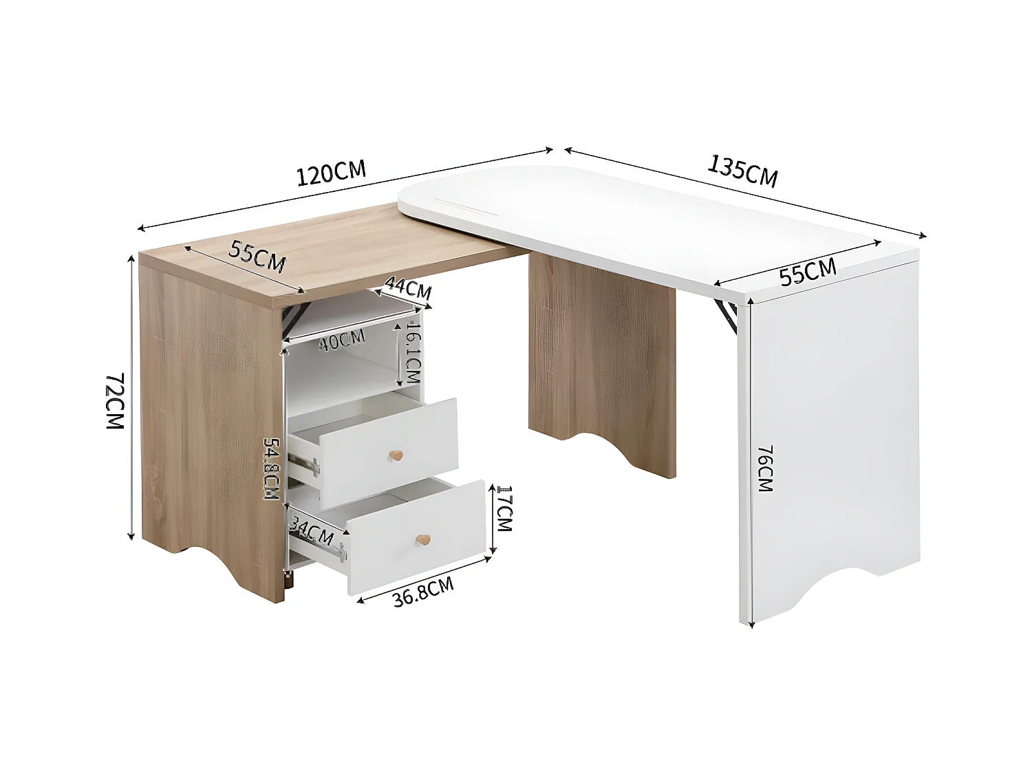 L-vormig houten en wit bureau van 135 cm