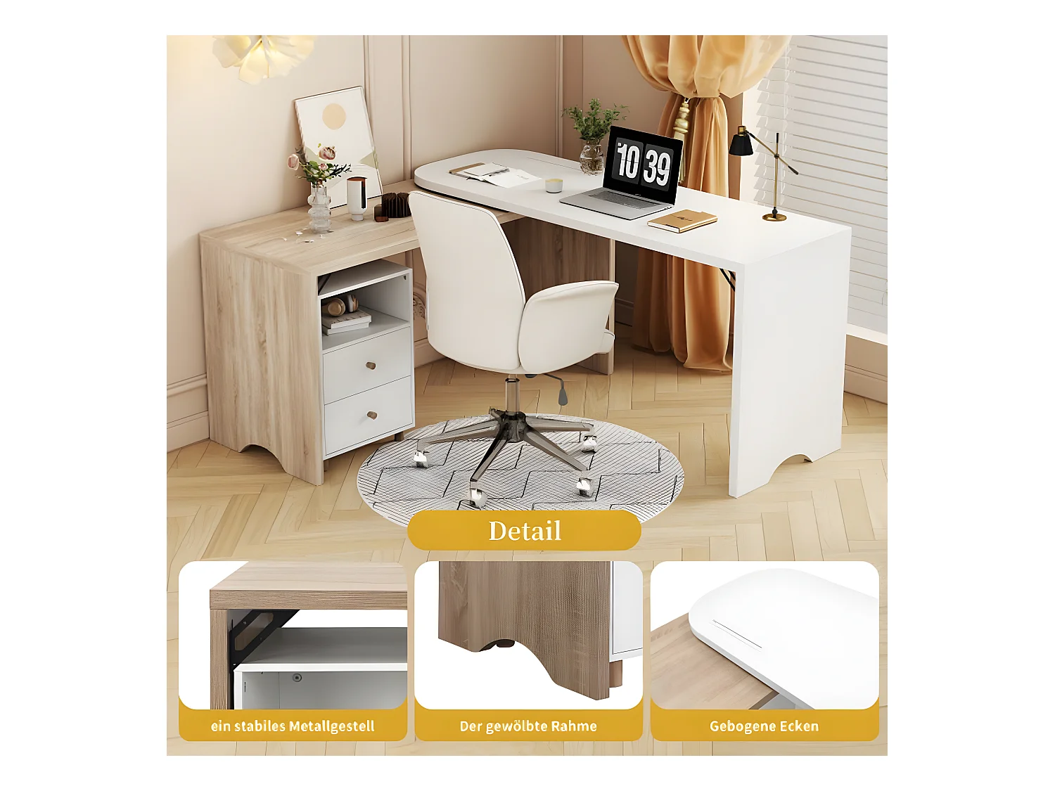 L-vormig houten en wit bureau van 135 cm