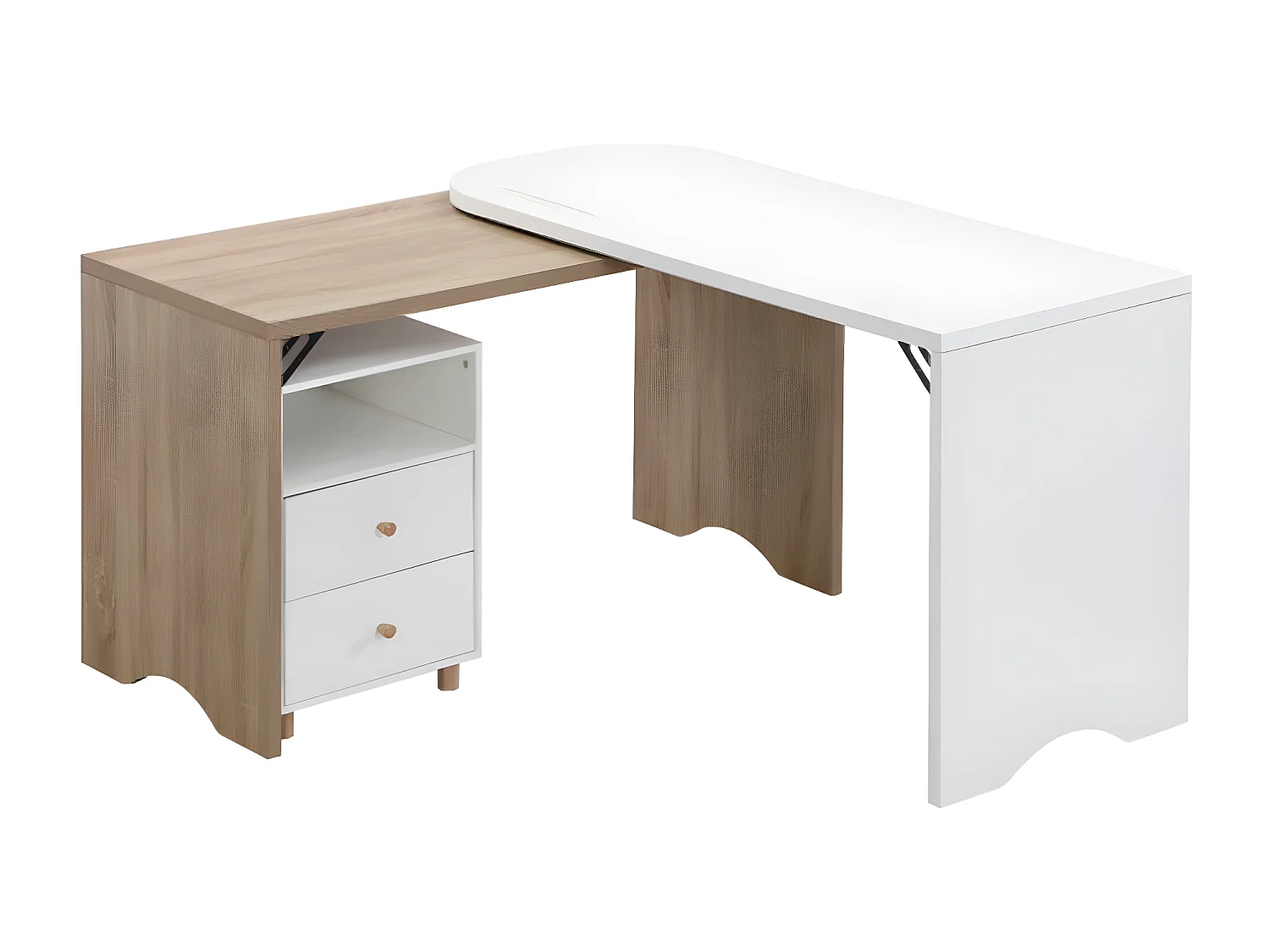 Bureau en forme de L en bois et blanc de 135 cm