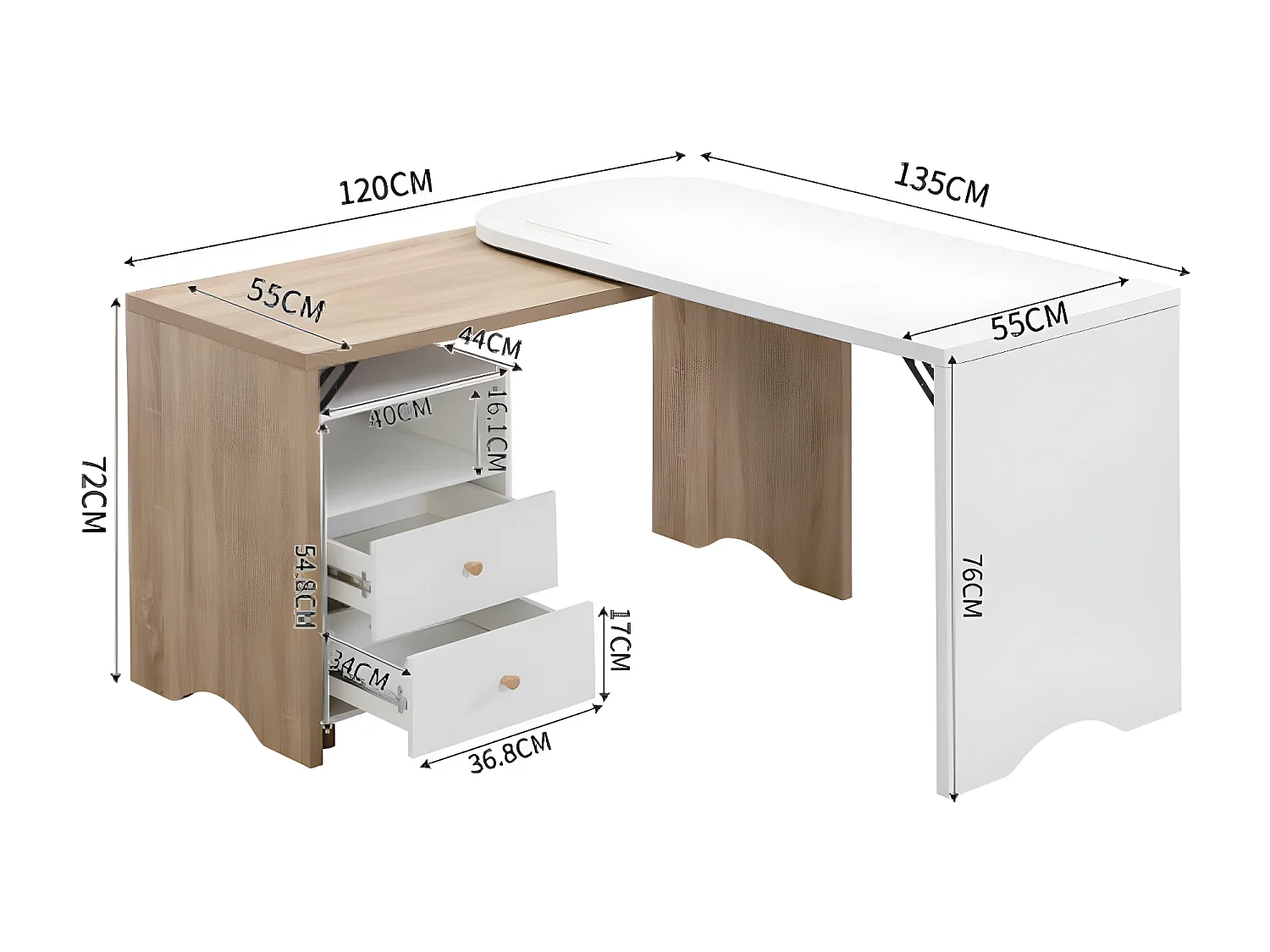 Bureau en forme de L en bois et blanc de 135 cm