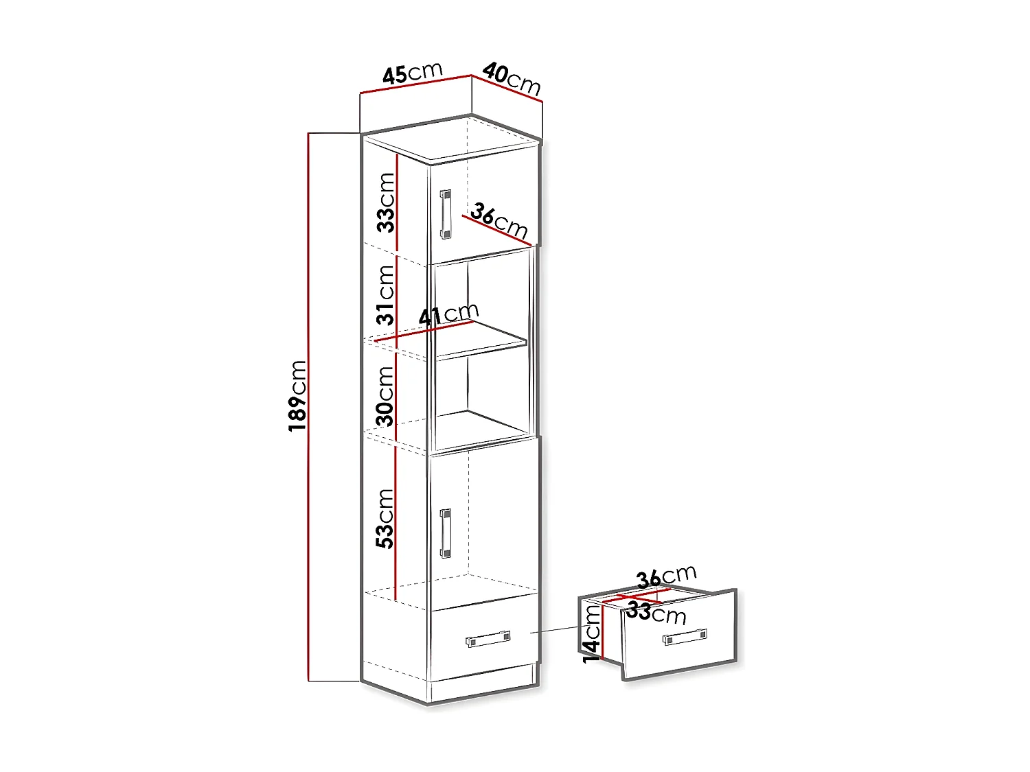 Étagère Sorviru 104, Fermé|Avec tiroirs|Avec des portes, Stratifié, Nombre de tiroirs: 1