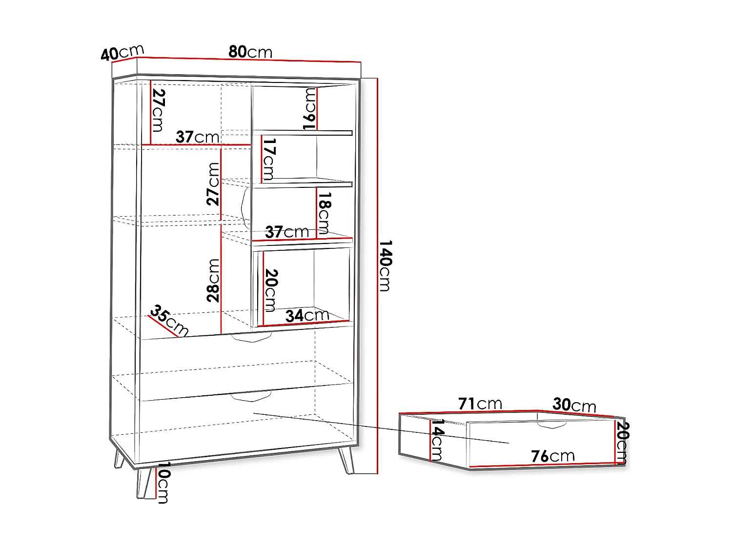Estantería Domvera 104, Con puertas|Con cajones, Aglomerado laminado, 140x80x40cm