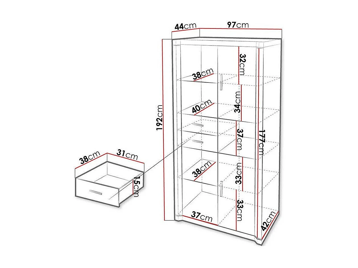 Estantería Lorelie 120, Con cajones|Con puertas, Aglomerado laminado, 192x97x44cm