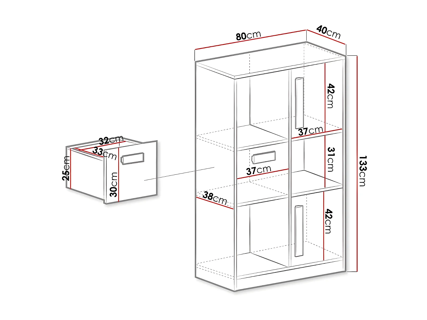 Estantería Merevari 101, Con cajones|Con puertas, Aglomerado laminado, 133x80x40cm