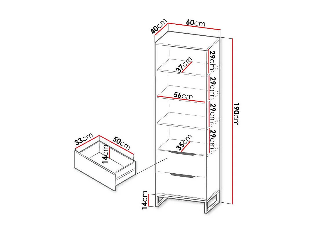 Estantería Romcama 105, Con cajones|Abierto, Aglomerado laminado, 190x60x40cm
