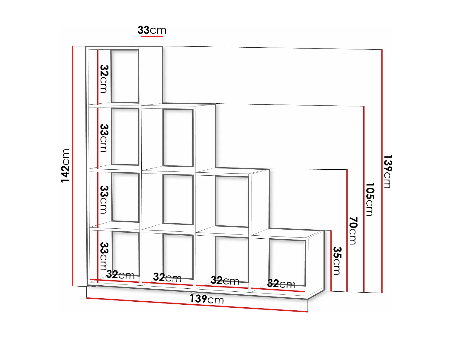 Étagère Sarasota 111, Ouvert sans paroi d'extrémité, Stratifié, 142x139x33cm, Blanc