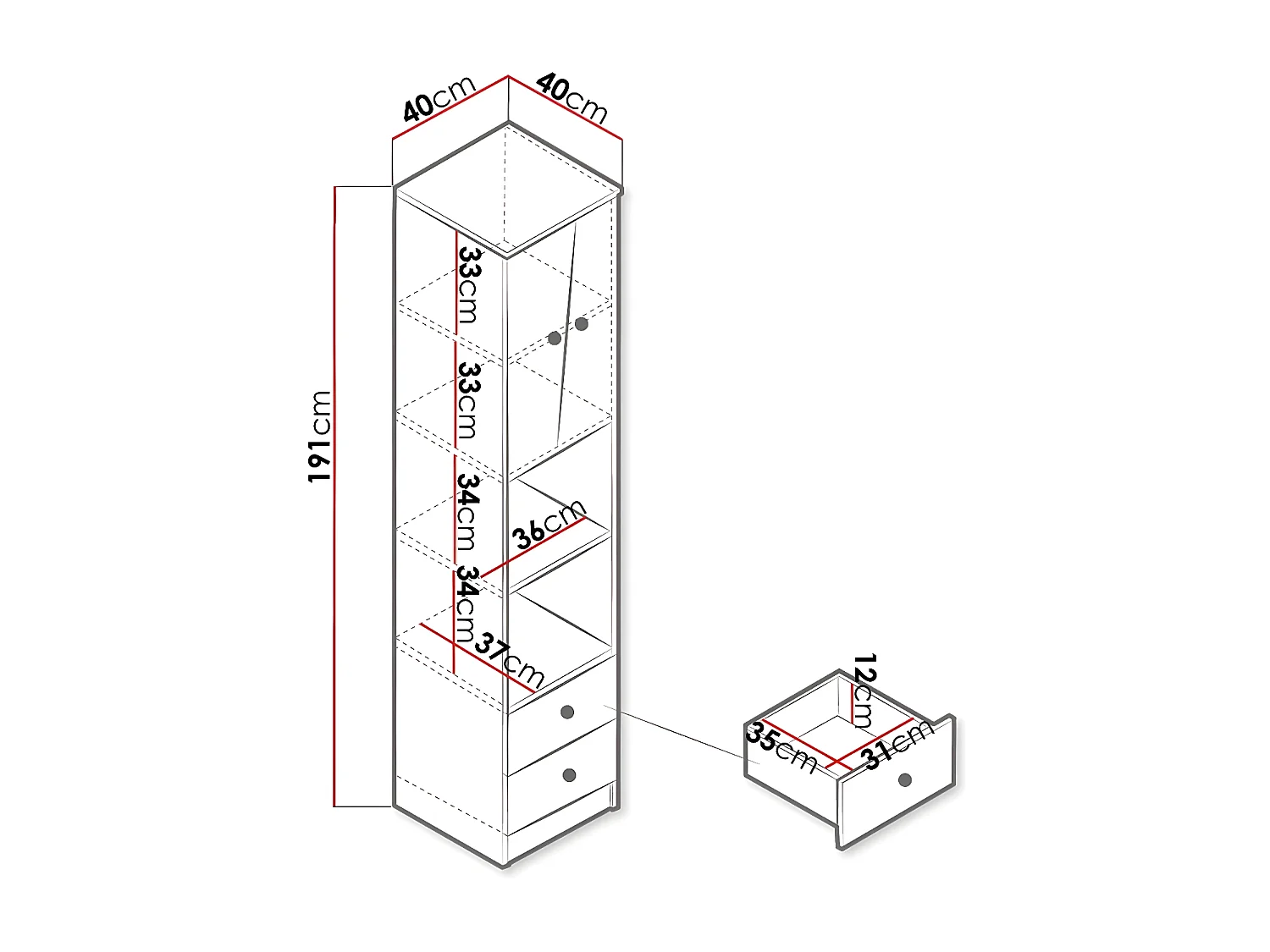 Étagère Almira 104, Avec des portes|Avec tiroirs, Stratifié, Le nombre de portes: 2, 40cm