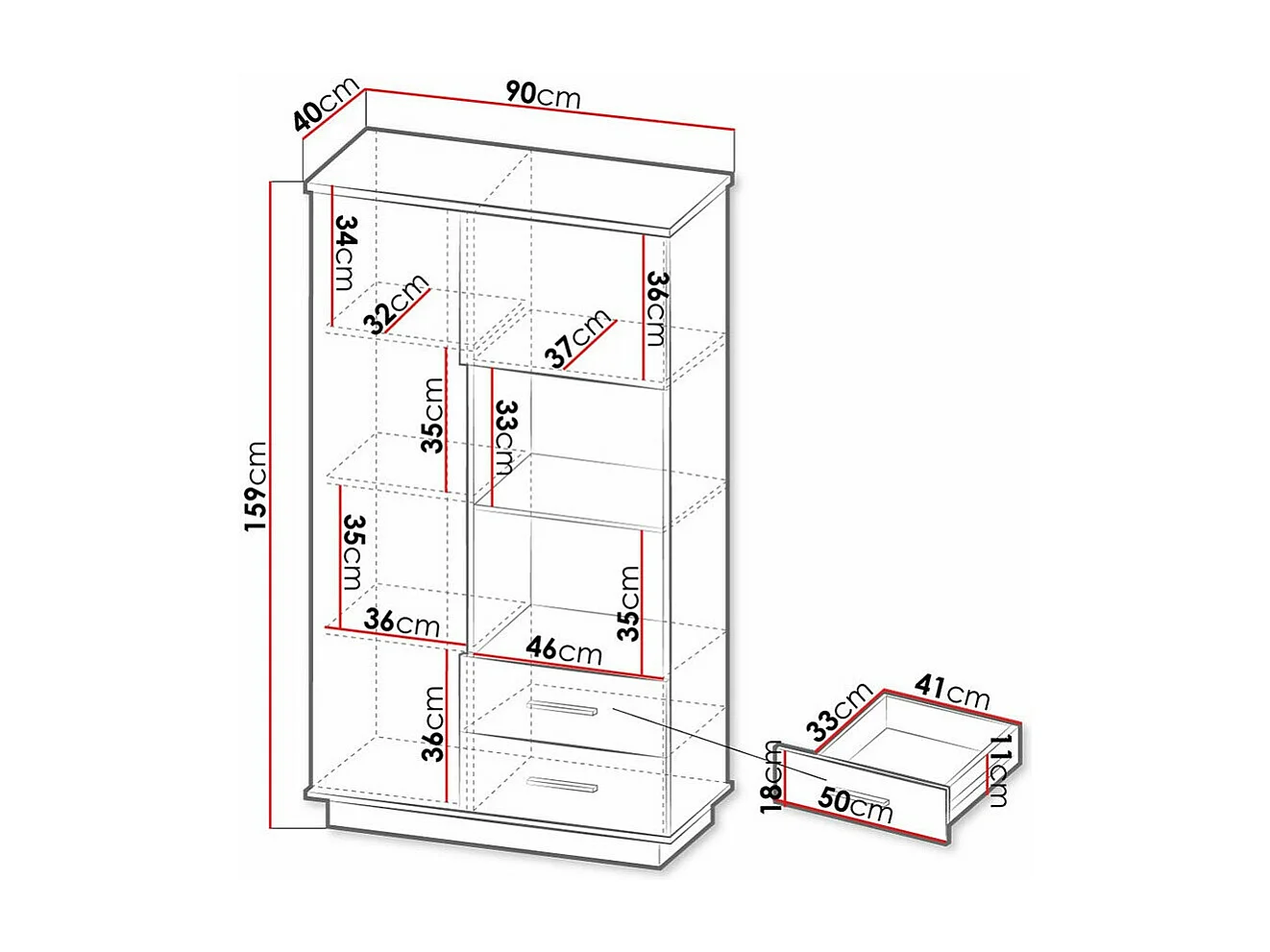Étagère Tenodeu 103, Avec des portes|Fermé|Avec tiroirs, MDF|Stratifié, 159x90x40cm