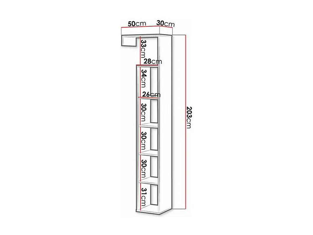 Étagère Florevi 110, Ouvert sans paroi d'extrémité, Stratifié, 203x50x30cm, Chêne Artisan