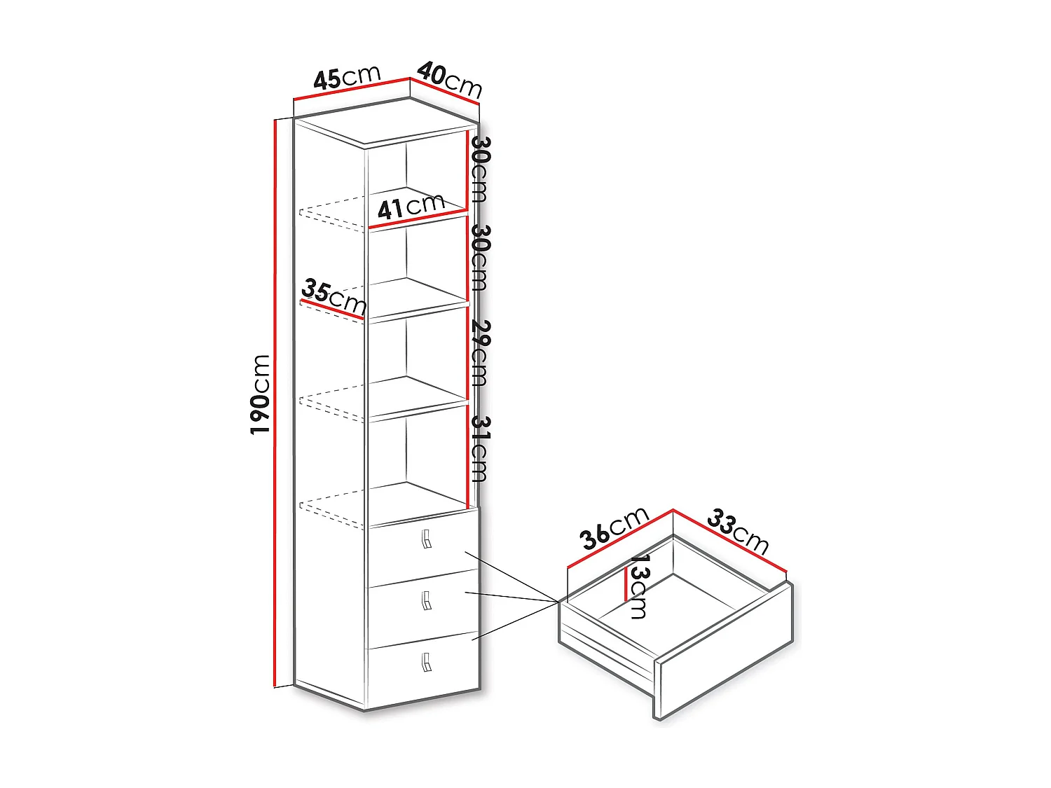 Étagère Camteso 104, Avec tiroirs, Stratifié, Nombre de tiroirs: 3, 190x45x40cm